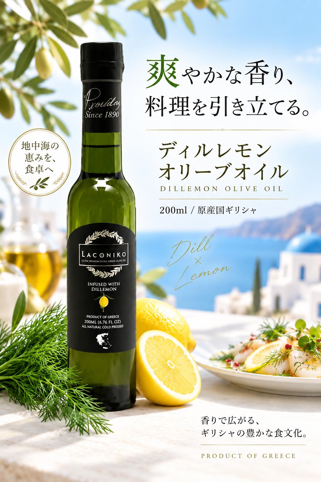 【爽やかなディルとレモンの香りを食卓に】 LACONIKO ディルレモン オリーブオイルは、ギリシャ産オリーブオイルにディルとレモンの爽やかな風味を合わせたフレーバーオリーブオイルです。 ディルの清涼感のある香りと、レモンの爽やかな風味が料理の美味しさを引き立てます。 特に魚介料理との相性がよく、いつもの料理にひとかけするだけで、爽やかな味わいをお楽しみいただけます。 【OLIVE JAPAN 2020 金賞受賞】 OLIVE JAPAN 2020にて金賞を受賞。 爽やかな香りと味わいを、毎日の食卓でぜひお楽しみください。 【おすすめの使い方】 ・白身魚やサーモンのカルパッチョに ・サラダに ・焼き魚や魚介料理の仕上げに ・パスタに ・パンや前菜に ・ポテトサラダに 料理の仕上げにそのままひとかけするだけで、ディルとレモンの爽やかな香りが広がります。 【商品情報】 商品名：LACONIKO ディルレモン オリーブオイル 内容量：200ml 原産国：ギリシャ 輸入者：株式会社LACONIKO 【保存方法】 直射日光を避け、常温（室温）で保存してください。 オリーブオイルは低温になると白く濁ったり、沈殿物が生じたり、固まる場合があります。 これはオリーブオイルに含まれる成分が低温で固まることによる自然な現象です。品質には問題ありません。 暖かい場所にしばらく置くと、徐々に元の状態に戻ります。 【200ml専用化粧箱入り】 200ml専用の化粧箱に入れてお届けいたします。 ご自宅用はもちろん、御祝、内祝、御中元、御歳暮、お礼など、大切な方への贈り物にもおすすめです。 【のし対応】 のし対応を承っております。 ご希望ののし・表書き・名入れをご指定ください。 【ラッピングについて】 包装紙やリボンによるラッピングは承っておりません。 専用化粧箱でのお届けとなりますので、あらかじめご了承ください。