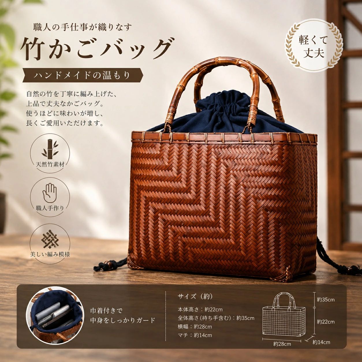 竹の根のぬくもり、編みの美──手仕事で生まれた横折れ紋様の竹編みクラシック手提げバッグ 手作り竹編み かごバッグ ハンドメイド 竹編みバッグ 籠 竹籠 プレゼント 和風バッグ 竹編み巾着バッグ インテリア ギフト 手作り竹編み かごバッグギフト 自然が育て、職人が形づくる。この竹編みバッグは、竹という素材の持つ素朴な力強さと、手仕事ならではの繊細な美しさが見事に融合した逸品です。本体は、横折れ（斜め編み）の伝統技法で編み上げられており、立体的で表情豊かな紋様が特徴。見る角度によって光の陰影が変化し、まるで絵画のような奥行きを感じさせます。職人の長年の経験と技術が詰まった模様は、ひと目で“本物”とわかる存在感を放ちます。最大の魅力は、竹の根を活かした個性的なハンドル。竹根特有の曲がりと節をそのまま使い、一本一本が唯一無二の造形美を持ちます。手に馴染む自然な握り心地と、クラフト感が持つ人の個性を引き立てます。内布には巾着仕様を採用しており、中身をしっかり保護。実用性も兼ね備えたデザインです。📐サイズ本体高さ：約22cm全体高さ（持ち手含む）：約35cm横幅：約28cmマチ：約14cm和装にも洋服にも合わせやすい落ち着いた赤茶の色味は、日常のお出かけから特別な場まで幅広く活躍。伝統工芸のぬくもりを日常に取り入れる、大人の女性にふさわしいバッグです。 5