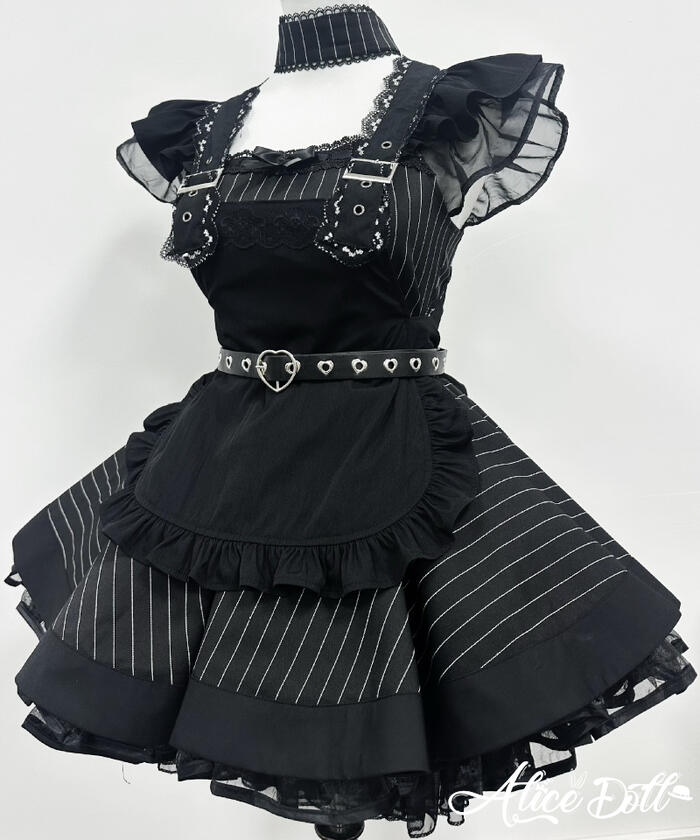 メイド服 セット レディース ゴスロリ 大人かわいい モノトーン ストライプ ミニ丈 コスプレ 制服風 ワンピース エプロン ゴシック メイ