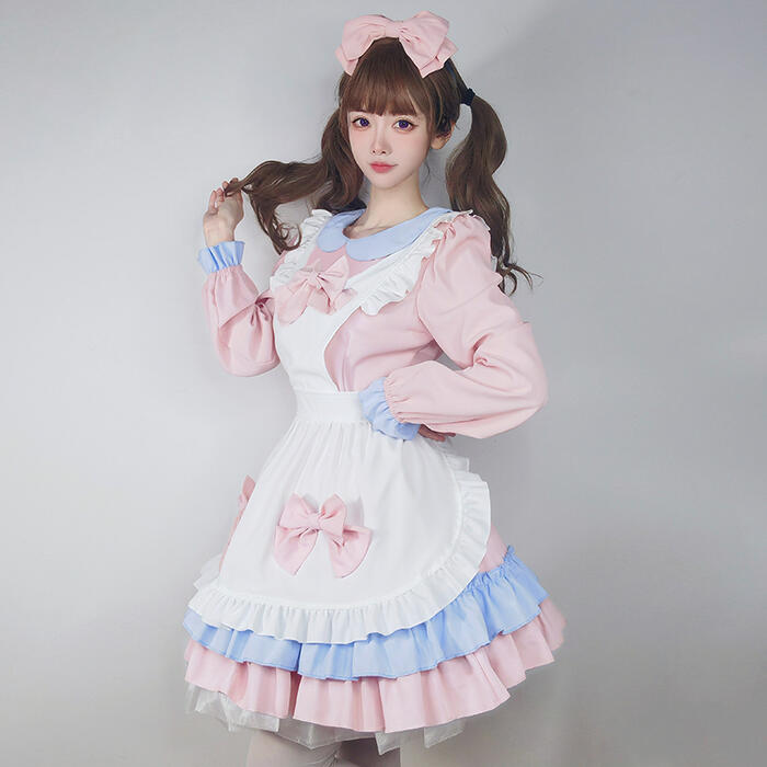 メイド服 エプロン ロリータ コスプレ セット ワンピース フリル 甘ロリ 長袖 半袖...