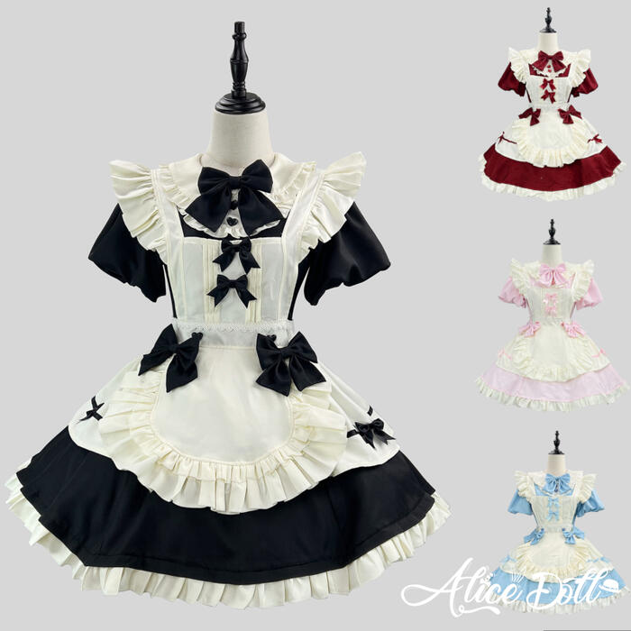 ～商品説明～ フリルとリボンがたっぷり施された、クラシカルなメイド服セット♪ スカートの裾部分にはフリルがあしらわれ、ボリューム感があり華やかな印象に。 付け袖が付属しており、半袖・長袖の2WAY仕様で季節やシーンに合わせて楽しめます☆ エプロンのリボンは取り外し可能で、お好みに合わせたアレンジが可能。 カラーバリエーションも豊富で、お好きなカラーをお選びいただけます。 セット内容：ワンピース＋エプロン+付け袖×2+リボン×3＋カチューシャ ※他の商品は含まれておりません。 ■お届けについて お支払い後、10日程でお届け ◆商品名：クラシカル ロリータ メイド服 ワンピース エプロン カチューシャ 付け袖 長袖 ◆カラー：ブラック、ワインレッド、ピンク、ライトブルー ◆サイズ： S、M、L、XL、2XL、3XL、4XL、5XL サイズ バスト ウエスト 着丈 S 82 68 80 M 88 70 81.5 L 92 75 83 XL 99 81 85 2XL 104 85 87 3XL 110 91 89 4XL 115 95 90 5XL 120 100 92 単位：cm 平置き採寸のため、多少の誤差（1～3cm)はご了承ください。 ◆素材：ポリエステル ◆商品番号：A070109 関連キーワード ロリータ ゴスロリ ゴシック ロリィタ フェミニン 華ロリ 甘ロリ ゴシックロリータ 可愛い 小悪魔 ゆめかわいい ワンピース トップス ドレス ロング 半袖 七分丈 長袖 オフショルダー レース フリル コスプレ コスチューム 学園祭 舞台 イベント ハロウィン ハロウィーン パフスリーブ レディース 女の子 ロリータファッション ロリータ服クラシカル ロリータ メイド服 ワンピース エプロン カチューシャ 付け袖 長袖 半袖 2way ミニ丈 クラシック メイド ミニスカ ドレス Lolita ロリィタ ゴスロリ 甘ロリ メイドカフェ 制服 清楚 エレガント レディース かわいい 衣装 女の子 メイド喫茶 飲食店 コスプレ コスチューム パーティー イベント