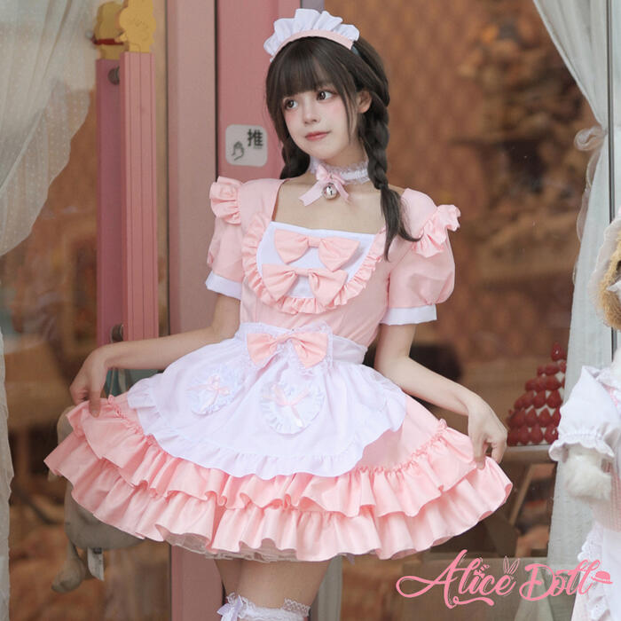 ゆめかわいい メイド服 メイド ワンピース エプロン カチューシャ 半袖 ミニ丈 ミ...