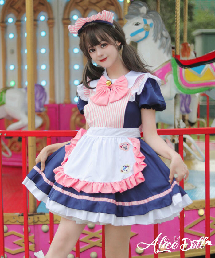 メイド服 メイド ワンピース エプロン カチューシャ 猫の肉球 ストライプ 半袖 ミ...