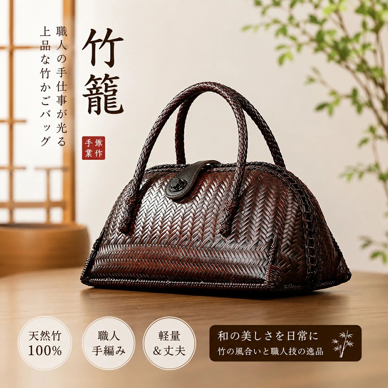 竹 籠　工芸品 手編み かごバッグ バンブーバスケット 籠 かご バッグ コンパクト 巾着 手作り 篭 かご 工芸品 工藝 民藝 民芸 竹籠 竹細工 かご バスケット プレゼント ギフト 母の日 竹製 貝殻の形 貝殻の形 竹 籠プレゼント ギフト 母の日 漆織り竹編み籠 伝統美とモダンの融合🍃 匠の技が生み出す上品な逸品 🍃日本の美意識に寄り添い、伝統的な竹編み技術と漆織りの美しさを融合させた籠。熟練の職人がひとつひとつ丁寧に編み上げ、洗練されたデザインに仕上げました。特徴 繊細な手編み技術：天然竹を用い、職人が丹精込めて編み上げた独特の風合い高級感ある漆織り仕上げ：光沢感のある上品な質感で、大人の気品を演出和装・洋装に馴染むデザイン：浴衣や着物だけでなく、カジュアルな洋服にも相性抜群軽量で持ち運びやすい：日常のお出かけや旅行にもぴったり長く愛用できる耐久性：竹と本革の組み合わせで、使い込むほどに風合いが増す📏 サイズ・横幅：約30cm・高さ：約15.5cm（持ち手含む全高約26cm）・奥行き：約15.5cm👘 和の風情を日常にプラスこのバッグ一つで、シンプルな装いにも上品なアクセントをプラス。お茶会やお食事、ちょっとしたお出かけにも最適です。🎁 大切な方への特別な贈り物にも熟練の職人技と天然素材の温もりを感じるバッグは、特別な方へのプレゼントにも最適です。 5