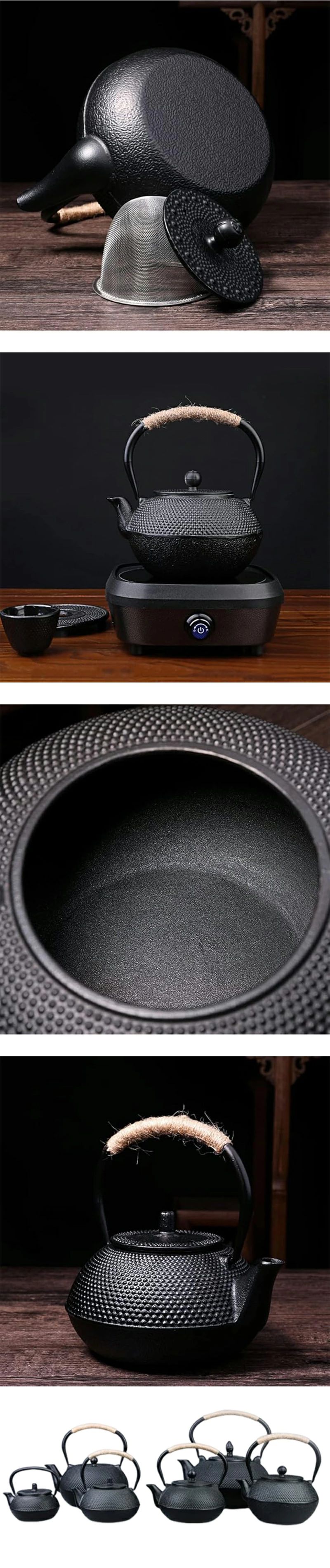 ※ご注意 　 ※モニター発色の具合により色合いが異なって見える場合がございます。 商品詳細 【特徴】 材質 : 鋳鉄；容量:0.3L/0.6L/0.9L/1.2L；茶漉し：ステンレ。鉄瓶対応：ガス、電気コンロ、炭火、IH調理器対応できます。マイクロ波や食器洗い機は使用できません。 鉄分補給：健康に良い、鉄のティーポットは暖かい過程でFe2 +を放出し続け、身体に吸収されやすく。貧血予防に、鉄分の補給に効果的であり、アルミやステンレスのケトルなどで湧かしたお湯では得られない効果があります。 サビを意識した使い方を ：直火で沸かした湯は必ず使い切り、中に残さず乾燥させます。中は触らず、湯垢を蓄積して鉄瓶を育てましょう。 300mLのサイズ：12.5*12.5*9.5cm、重さ：730g。 600mLのサイズ：17*17*11.5cm、重さ：1320g。 900mLのサイズ：18.5*18.5*13cm、重さ：1590g。 1200mLのサイズ：19.8*19.5*14cm、重さ：1840g。