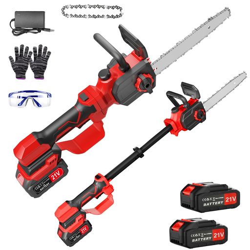【550W高出力・12インチ・高速切断】550W高出力ブラシレスモーターを搭載し、最大7000RPMの高速回転と約12m/sのチェーンスピードを実現。高トルクで安定したパワーを発揮し、太枝や丸太もスムーズかつスピーディーに切断できます。12インチ細幅ガイドバーを採用することで切断抵抗を軽減し、枝の隙間にも入りやすく、優れた操作性と高い切断効率を実現。最大切断径約300mmまで対応し、庭木の剪定、果樹のお手入れ、竹の伐採、薪作り、DIYなど幅広い用途で活躍するコードレスチェーンソーです。 【高枝切り&amp;手持ち2WAY仕様・無段階伸縮ポール66〜102cm】高枝切り&amp;手持ちチェーンソーを1台で使える便利な2WAY設計。伸縮ポールは約66cmから102cmまで無段階で長さ調整が可能で、作業場所や身長に合わせて快適に使用できます。ポールを伸ばせば高枝切りチェーンソーとして、高い場所の枝も脚立を使わず地上から安全に剪定可能。ポールを短く調整すれば、手持ちチェーンソーとして低い枝の剪定や薪作り、DIY木材の切断にも活躍します。