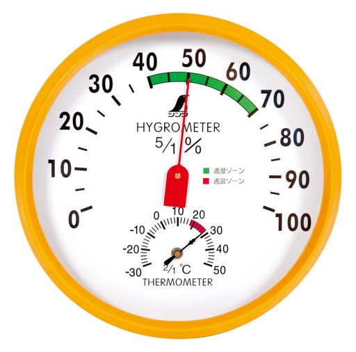 測定範囲:温度:‐30~50°C、湿度:30~80% 精度: 温度 -20~40°C:プラスマイナス2°C、それ以外:プラスマイナス4°C 湿度 30~80%:プラスマイナス10% 1目盛:温度:2°C、湿度:5% 温度と湿度を同時に測定でき、健康管理や省エネに役立ちます。表示が見やすい大型のものから、設置しやすい小型のものまで各サイズ取り揃えています。