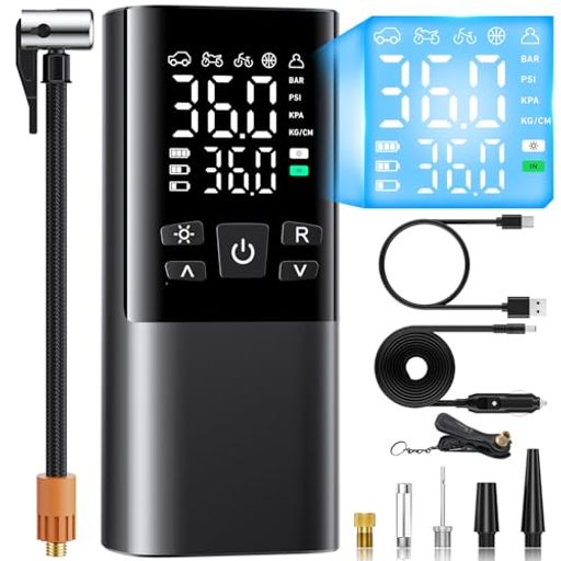 自転車空気入れ電動空気入れバイク車仏/英/米式バルブ対応最大圧力150PSI高速充填自動停止6000mAh大容..