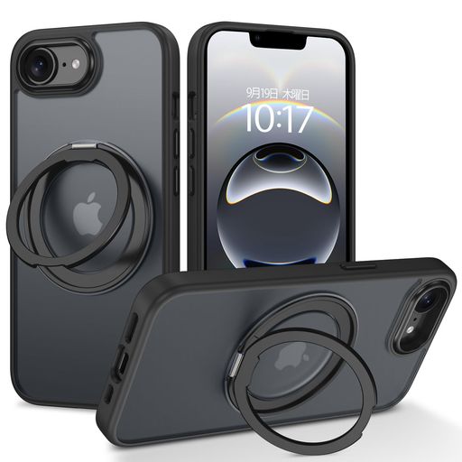 Rakuten - DOMAVERiPhone17e/16e用ケース360°回転スタンド縦横両対応MagSafe対応アイフォン17e/16eケース米軍規格耐衝撃指紋防止耐黄変ストラップホール附き6.1インチブラック