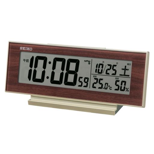 乐天商城 - セイコークロック(SeikoClock)目覚まし時計置き時計ナチュラルテーブルクロック電波デジタルカレンダー温度湿度表示夜でも見える常時点灯薄金色パール・一部木目82x206x51mmSQ325B
