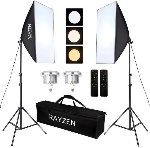 RAYZEN 三色LEDソフトボックス 撮影用照明セット 50x70cm 3000K~6000K リモコン付 2m三脚スタンド PSE取得