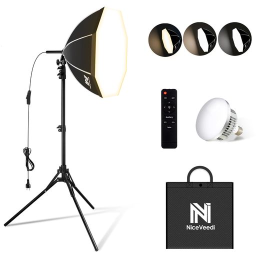 NiceVeedi 50cm八角形ソフトボックス 85W LED電球撮影用ライト 遠隔操作 3色ライトモード3000K-6000K 撮影用照明ライト 写真撮影照明用ソフトボックス 160cm調整可能三脚付き お持ち込みやすい 収…