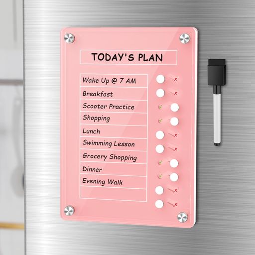 🧲【磁気金属面専用・透明アクリルデザイン】高品質の透明アクリルを使用し、超強力マグネットで冷蔵庫の側面にしっかり固定。視認性に優れたスタイリッシュなデザインで、お子様から大人までいつでも確認しやすく、インテリアにも自然に馴染みます。 🪑【卓上スタンド付きで設置自由】冷蔵庫はもちろん、デスクや棚にも置ける便利なスタンド付き。家庭内のスケジュール確認やお子様の習慣づけにも役立つ柔軟な配置が可能です。 🎯【スライド式ボタンでやる気アップ】タスク完了時にスライドできる10個のボタン付き。動かすことで達成感を得られ、子どもの自主性とモチベーションを高める工夫が施されています。 ✍️【書きやすさを追求した設計】従来の仕切り線を取り除いたことで、よりスムーズな書き心地を実現。親子での記入や更新もストレスなく行え、使いやすさが抜群です。 🏠【多目的に使える家族向けマグネットボード】お手伝いリストだけでなく、薬の服用管理、ペットの世話、リワードチャートなど幅広く活用可能。日々の目標管理や家庭内タスク整理に最適で、家族全員の自己管理力を育みます。