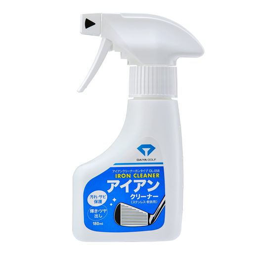 ステンレス・軟鉄クラブのお手入れに便利なスプレータイプのクリーナー 汚れ・サビからの保護、輝き・ツヤ出しに◎! 用途で使い分けできる:2口ノズル(広い霧・狭い霧) 液性:中性 / 成分:陰イオン系界面活性剤、シリコンオイル 容量:180ml 生産国:日本