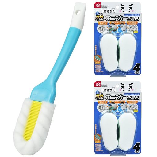 シューズブラシは泡立ちの良いふさふさ繊維と、汚れをかき出すトゲトゲブラシのW効果で汚れを落とします。 シューズブラシはコンパクトなヘッドで小さな靴の中も洗えます。 シューズブラシは持ち手の先端にあるヘラで、靴裏の小石も取ることができます。 激落ちくんスニーカー・上履き用は洗剤を使わず水だけで汚れを落とすことができます。 不織布面は布地の汚れに、メラミン面はゴム部分の汚れに使用できます。