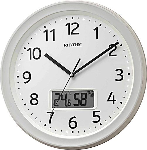 リズム(RHYTHM)掛け時計電波時計アナログデジタル連続秒針温度湿度カレンダー白Φ32.5x5cm8FYA02SR03