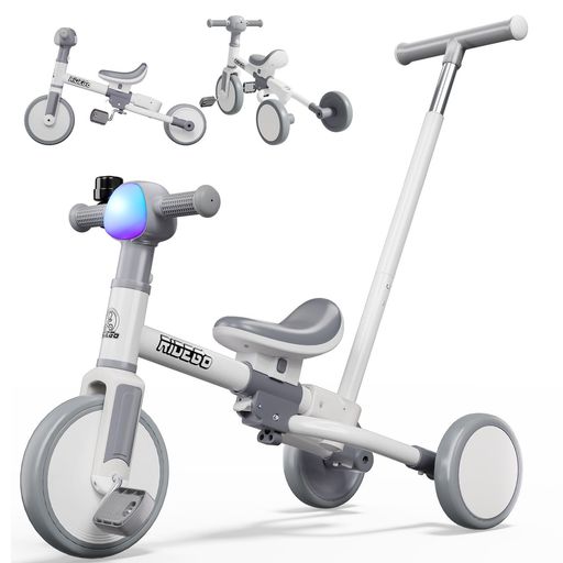 Tricycle - 三輪車RIDIGO子供用三輪車5in1手押し棒付きランニングバイクLDEライトベル付き4つの音楽自転車乗用玩具組み立て式耐久性軽量調整可能キッズバイク男の子女の子誕生日プレゼントギフトT02A