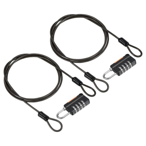 PATIKILセキュリティワイヤー4桁組み合わせロック2セット1mコーティングされた安全ワイヤーロープダブルループ南京錠屋外旅行用ラゲッジ黒