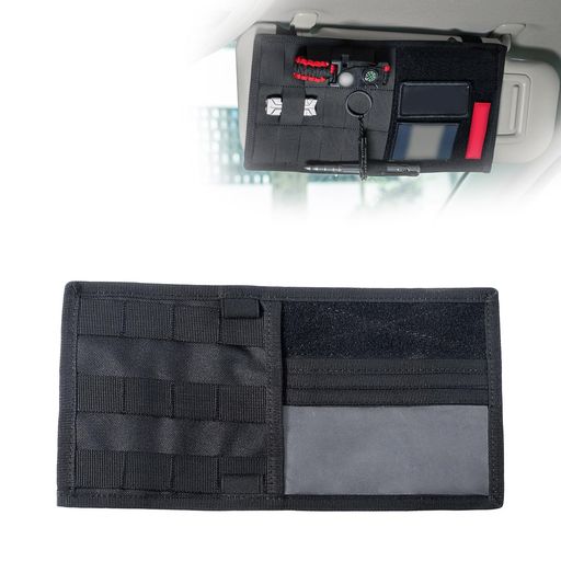 【高品質ナイロン素材】車用サンバイザーポケットはナイロン素材で作られており、耐摩耗性に優れています。ナイロン製のサンバイザー収納袋は、長期の摩擦に耐えることができ、簡単に損傷せず、掃除が簡単なので、収納袋の耐用年数を延ばします。サイズ:縦約32cmx横約17cm;色:黒。 【複数のポケット&amp;大容量収納】複数のポケットのレイアウトですべてを整理し、パスポート、駐車券、レシート、名刺、レシート、カードなどを収納できます。伸縮ナイロンバンドが、ケーブル、小さな工具など、様々な形やサイズのアイテムに合わせてフィット。物をしっかり固定し、走行中でも揺れにくく、車内を整頓された状態に保ちます。 【取り付けと取り外しが簡単】マジックテープ式設計で、サンバイザー裏面に直接貼り付け可能。穴あけや複雑な取り付け作業は不要。外れにくく、剥がしても跡が残りにくい、見た目と実用性を両立。 【透明ウィンドウで中身がひと目でわかる】正面の透明ウィンドウに、よく使う証書やカードなどを収納。探す手間が省け、視認性が高いため、運転中の取り出しもより安全です。