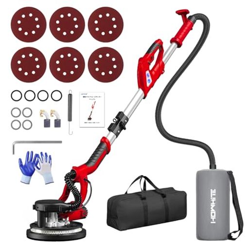 👍【製品情報】定格電圧:110V。定格出力:800w。無負荷回転速度:1000~2100r/min。本体重量:約4.4kg。最大ポール長さ:165cm。頭部上下フローティング幅:5mm。電源コード長さ:3m。適用サンドペーパー:直径225mm(9インチ)、10穴タイプ。 👍【適用範囲】床、壁、天井などの研磨作業に適しております。手作業より効率よく、作業範囲が広いです。高い壁や天井でも難なくきれいに磨きます。床の残留物、壁面の塗装、緩んだ石膏などの除去に最適です。MINからMAXまで7段階速度調整可能で、作業に応じて最適な研磨速度を選択し、完璧な研磨効果を実現します。 👍【折りたたみ&amp;伸縮式】折りたたみ式で、収納スペースを節約します。延長ポール付き、最大165cmまで延長し、作業面に応じてポール長さを自由に調節できます。付属された引きバネはサンダーの頭部を固定できるので、高い壁や天井の研磨が容易になります。 👍【自動集塵システム】長さ2mの真空ホースと集じん袋を組み合わせた自動集塵システムは、作業中発生した90%以上の塵を吸収できます。