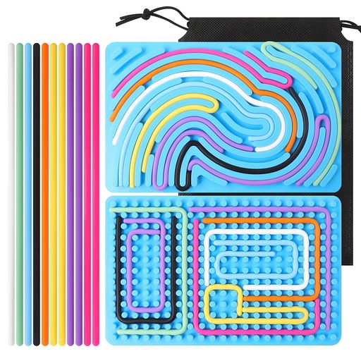 JUNART 感覚活動ボード11本のシリコーンロープ付き、ストレス解消 おもちゃのための両面知育玩具、持ち運びに便利なストレス解消おもちゃ、自閉症&ADHDの子供と大人に最適(ブルー)