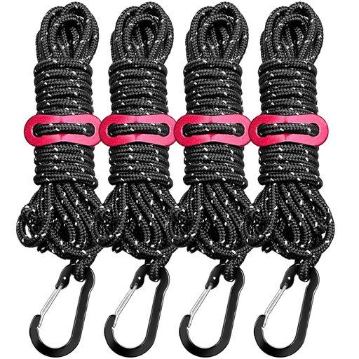 【商品仕様】ロープ:直径4mm、長さ4m、耐荷重300kg(4本セット)総重量:29g、自在金具:2.8g、パッケージ内容:カラビナ*4、ロープ*4 【テント張り専用】ロープ:100%ポリエステル製で、耐摩耗性と耐久性に優れ、テント設営に最適。しっかりと固定でき、アウトドアでの使用に適しています。カラビナ:アルミニウム製で軽量、強度も高く、簡単に取り付け可能です。自在金具:アルミニウム製、耐久性が高く、ロープの長さを自由に調整できます。 【ナイトキャンプに最適なデザイン】反射材入りのロープで、夜間や低光条件下でも視認性が高く、安全性が向上します。アウトドア用として目立ちやすく、事故を防止します。 【多用途】キャンプ、テント設営、タープ設営、天幕使用、アウトドア活動に最適です。反射材が安全を確保し、さまざまなシーンで活躍します。に注意:登山用のロープではありませんので、登山には使わないでください。 【簡単な操作】ロープの長さは自由に調整でき、簡単に固定できます。強力な耐荷重で、どんな悪天候や過酷な状況でも使用できます。カラビナと自在金具が付属しており、取り付けや調整も簡単です。