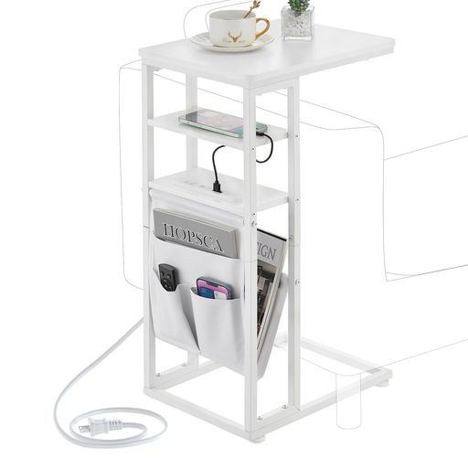 ZEXVIDAサイドテーブルコの字型ベッドテーブルUSBポート&コンセント付きソファーテーブルナイトテーブルリビングテーブル棚付き引き出し幅40x奥行30x高さ71cm