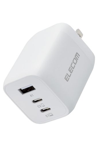 USB Type-C(TM)(USB-C(TM))ポートとUSB-Aポートの合計3ポートを搭載し対応するスマートフォン、タブレット、ノートパソコンなどを充電できる、GaN(窒化ガリウム)を採用し小型で軽量なUSB AC充電器です。 ※USB Power Delivery規格65Wまでで充電できる機器に限ります。 出力端子が3ポートあるので、iPhoneなどのスマートフォンと完全ワイヤレスイヤホンとWindowsなどのノートパソコンを3台同時充電できます。 ※2ポート以上同時出力時は合計最大65Wとなります。 USB Type-Cポートは、USB Power Delivery規格、オプションのPPS(Programmable Power Supply)規格に対応し、同規格に対応するノートパソコンやスマートフォン、タブレットなどを充電可能です。