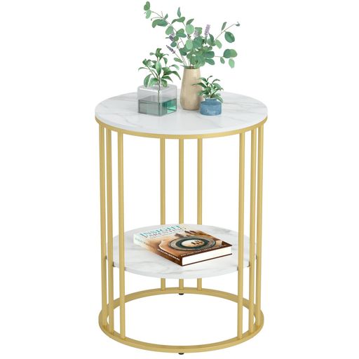 Susireサイドテーブル大理石丸型収納付きゴールドエンドテーブルモダンコーヒーテーブル寝室棚付き低いホワイト2段可愛いカフェソファー用一人暮らしナイトテーブル韓国高さ5040cm幅