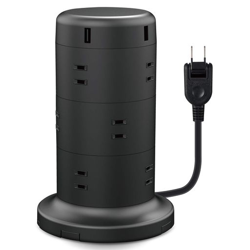 Rakuten - エレコム電源タップタワー型延長コード[12個口&USBx5ポート]固定パーツ付雷ガードほこりシャッター2mブラックECT-0720BK