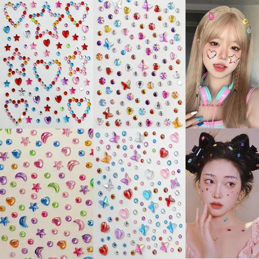 CHANJIF顔シールラインストーンステッカーデコシールカラフルクリスタル粘着性ありカ接着剤不要直接貼り付け可能顔面デコ携帯電話装飾ネイルデコパーツDIY用品手芸用品結婚式舞台日常…