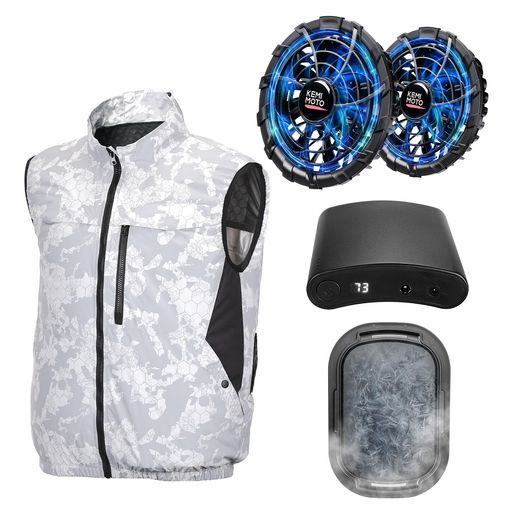 【最新暑さ対策・最大20°C下げる】次世代最新のKEMIMOTO空調作業服登場!周り空気を吸って汗を吹き飛ばすファン付きベストの従来品と違って、最先端半導体冷却器を搭載し、体感温度が最大マイナス20度の冷却機能を発揮、瞬間冷却で超爽快になる空調冷却服です。夏に工事現場、工場、宅配便、交通警察、農業、釣り、スポーツ観戦、ゴルフ、ジョギング、ランニング、登山などのアウトドアに適用。 【最先端半導体冷却器】空調作業服は暑さよく感じる背部の位置に冷却器で物理的に集中冷やし、ファンと合わせ冷風を全身に届けて、体温上昇を抑え、全体温度をさがります。冷却器とファンの全新冷却組み合わせ、猛暑のお悩みから解放されます!エアコンが使用できない暑い場所でもエアコンような涼しい風を感じることができます! 【9枚羽根静音パワーファン】94L/Sの強風を確保しながら気にならない回転音を実現!最新30V出力のブラシレスモーターが搭載されており、回転速度は従来型より2倍以上速くなり、より大きい風量が出るが、より静かです。