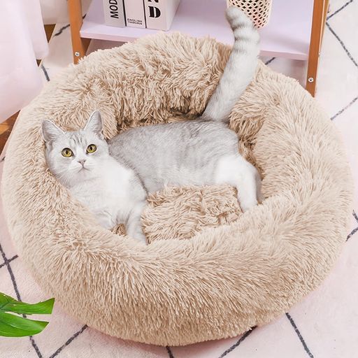 ATOKA 猫 犬 ベッド クッション ペットベッド ラウンド型 ふわふわ 洗える 猫用 小型犬 犬用 冬用 グッズ かわいい ハウス 滑り止め ペット用品 通年適用(50cm, ベージュ)