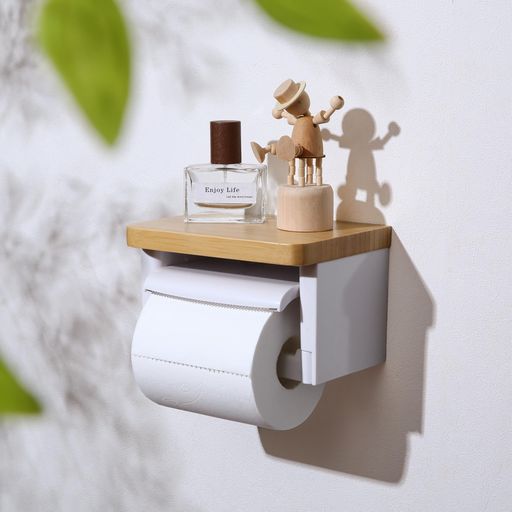 MTCLTCトイレットペーパーホルダーバスルームABSプラスチック楠竹木製製切断機能付きDIYおしゃれ2連棚付き賃貸対応小物置き簡単設置補充楽飾り棚紙巻器コンパクト設計(竹ホワイトシングル)