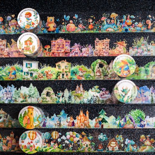 Kigoforaコラージュ素材シール童話の世界大容量6巻花、竜、魔女と猫、動物、風船フレークシール半透明PETおとぎ話コラージュステッカー40MM幅x2M長粘着防水DIY