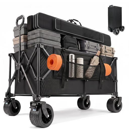 SANYCASA キャリーワゴン 大容量300L アウトドアワゴン 耐荷重250kg【荷室の長さ110cm・コンパクト収納】キャリーカート折りたたみ 10cm大型タイヤ ブレーキ付き キャンプ カートサイドポケッ…