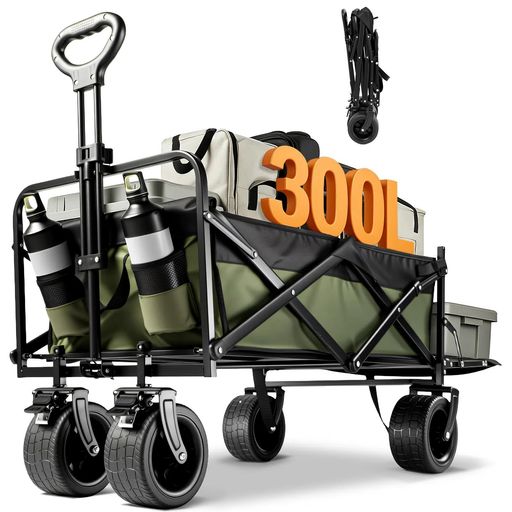Aasnsn キャリーワゴン 【300L大容量 耐荷重250kg 長物対応 後部展開可】 キャリーカート ボトルポケット付き アウトドアワゴン キャンプ 折りたたみ ワンタッチ収束式 軽量 静音