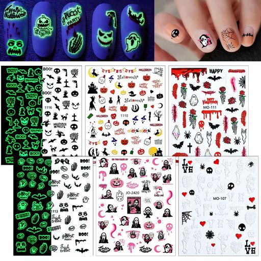 Chisaflyネイルシールハロウィンパンプキンおばけゴーストコウモリ蓄光ネイルパーツハロウィーンネイル用シールクモスカル6枚セット