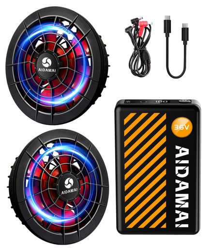 42V/36V/28V超高出力 ファンバッテリー セット ファン付き作業服対応 25000mAh 4段階風量調節 作業服用 作業着用 9cm服穴径対応 急速充電 省エネ 熱中症対策 猛暑対策(36V,赤羽根)