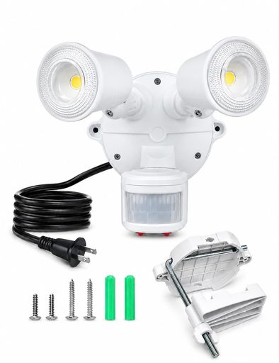 コンセント式、LED人感センサーライト、屋外用、2灯式、防雨仕様、明るさ2500ルーメン、AC 100V 50/60Hz、電源コード5m、省エネルギー、带日本語の取扱説明書