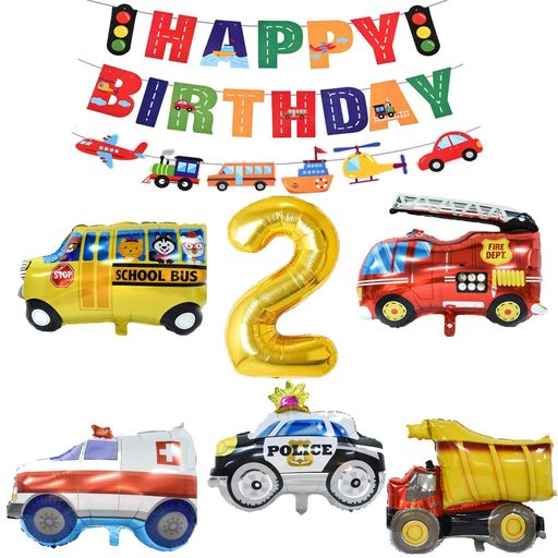 乐天商城 - 誕生日飾り付けシンプルパーティーセット大きな3D車バルーンセットHappyBirthdayバースデーバナー交通バナーパトカーアルミ風船スクールバスアルミ風船(2号)
