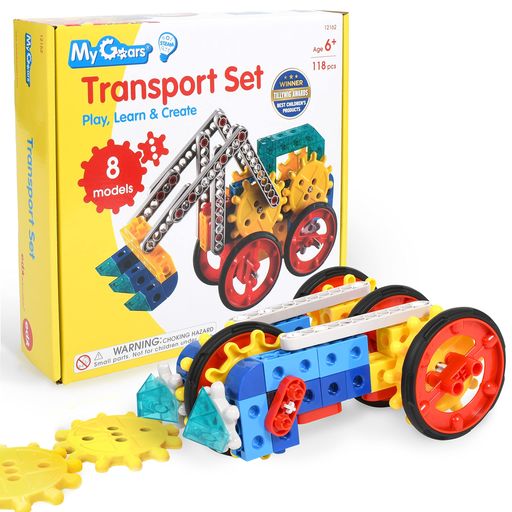 EdxEducation歯車ブロック6歳以上組み立ておもちゃ|全118ピース&専用収納ケース付属|車・バイクなど8種類の動くモデルが作れる|STEM教育・集中力を育む知育玩具|MyGearsトランスポートセット