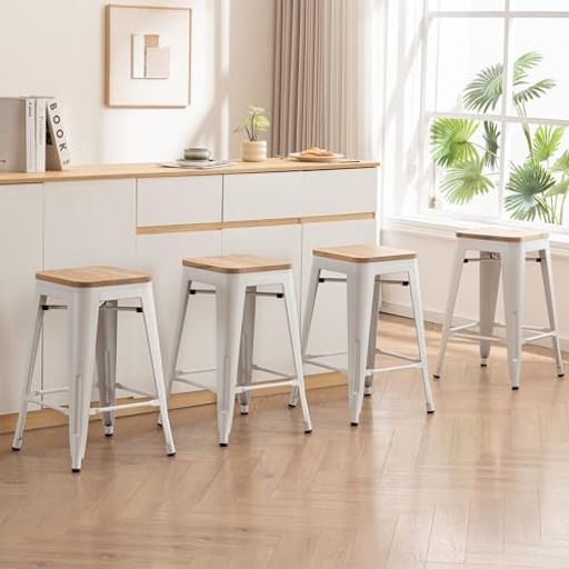 YOUNUOKEカウンターチェア4脚セット木製座面完成品スタッキングホワイト金属脚60cm座面高背もたれなし..