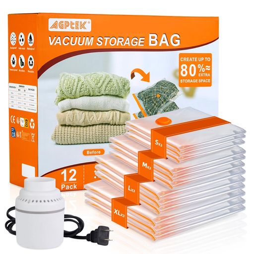 圧縮袋AGPTEK布団圧縮袋衣類圧縮袋(S/M/L/XL12枚セット電動ポンプ付き)真空パック掃除機対応ふとん収納袋PA+PE材質防湿防塵防カビ防虫ダニ対策毛布収納可引越し旅行出張梅雨季節着替え敷布…