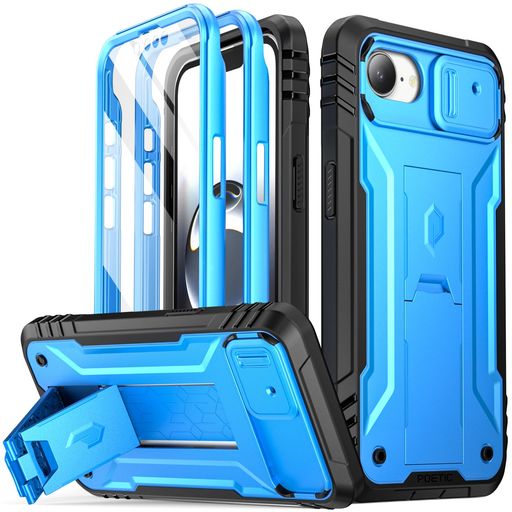樂天商城 - POETICRevolutionシリーズiphone16eケース[スライドカメラカバー]ミリタリーグレードの頑丈な耐衝撃フルボディカバーキックスタンドとスクリーンプロテクター内蔵ライトブルー