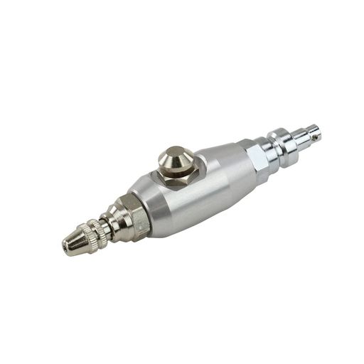 最高使用圧力:2.5MPa ノズル口径:2.0mm、ノズルネジ径:G1/8 ノズル:流量調整付、適用流体:空気 空気取入口:高圧プラグ 重量:約85g、材質:アルミ・真鍮