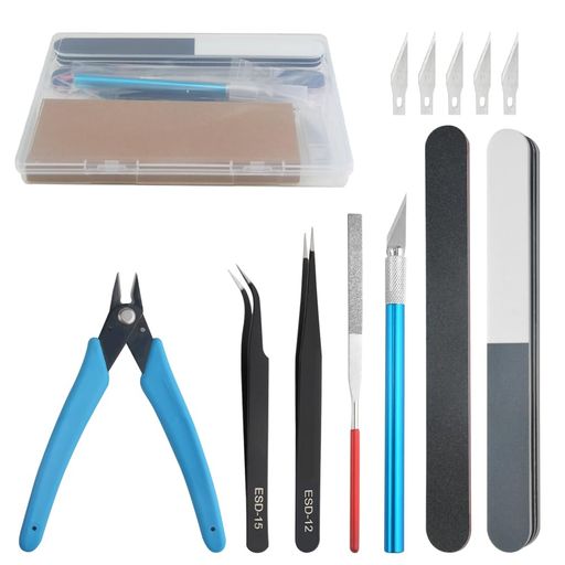 WMYCONGCONGプラモデル工具9点セット入門ツールセット初心者向きモデラーズナイフ(5個替え刃付き)薄刃ニッパーヤスリ精密ピンセット両面ポリッシュバー収納ケース付き(3.0)
