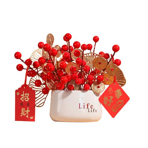 himsyuden2025新年飾りベリー造花セット枯れない実赤いベリー鉢植え陶磁器盆栽お正月飾り赤い実観葉植物新年お祝い記念日クリスマスパーティー飾り贈答用装飾花花瓶付き