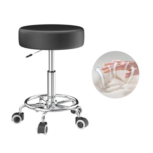 キャスター付き丸椅子PUレザーシートクッションスツール8cm厚クッションキャスター金属製フットレスト..