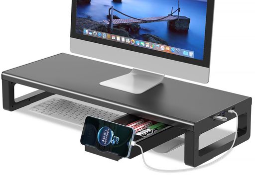 EAYHMモニター台USB2.0/3.0データ転送付き机上台USB/TYPE-C充電付きディスプレイ台引き出しとスマホホ..